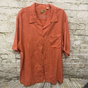 Caribbean Orange Silk Cotton Flamingo Embroidered Button Up